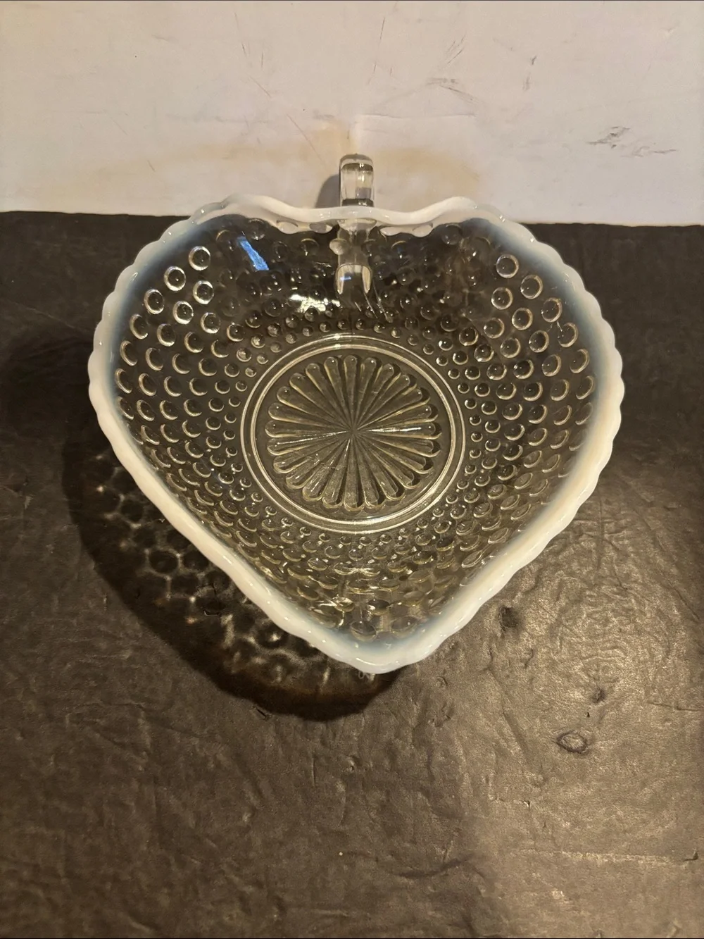 Anchor Hocking Moonstone Hobnail Heart Shaped Handled Dish Opalescent Glass